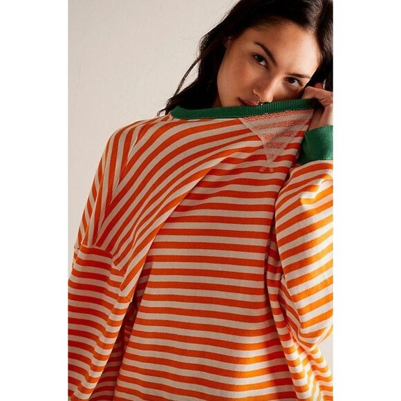 Free People Classic Striped Oversized Crewneck Size XL Orange Pullover Top - Picture 1 of 4
